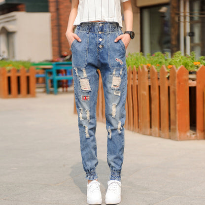 Fashionable Simple Loose Drawstring High Waist Jeans For Women